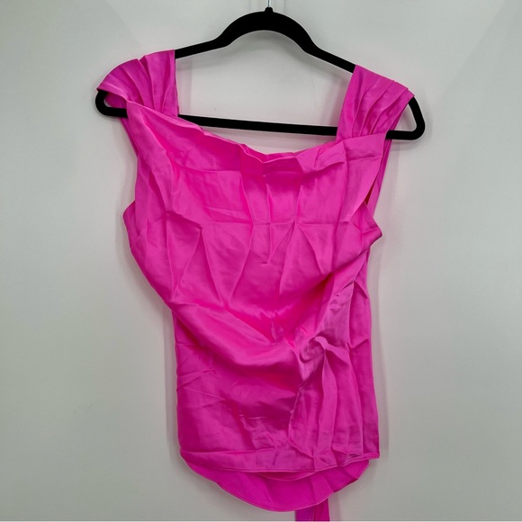 The Bar Asher Top 100% Silk Back Cut Out Tie Cowl Neckline Satin Neon Blouse M - Picture 5 of 11